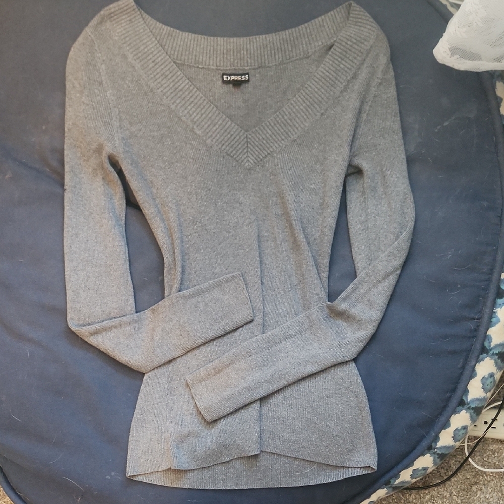 Express Heather Deep Y2K V-Neck Gray Knit Top